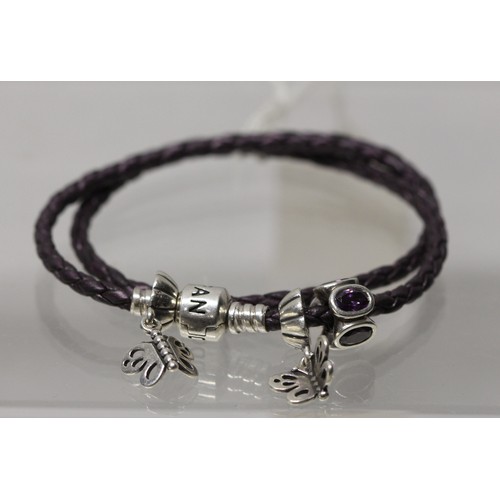 186 - PANDORA DOUBLE LEATHER BRACELET RRP £60 & BUTTERFLY CHARMS RRP £19, AMESTYST CHARM RRP £30 - TOT... 