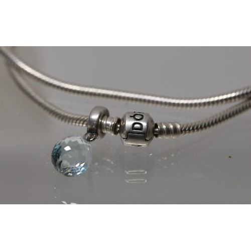 168 - PANDORA MOMENTS SNAKE NECKLACE WITH PANDORA ICE BLUE FACETED MURANO GLASS CHARM - TOTAL RRP £150 ( P... 