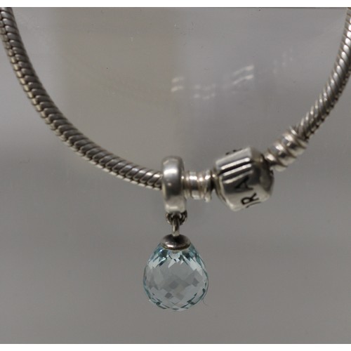 168 - PANDORA MOMENTS SNAKE NECKLACE WITH PANDORA ICE BLUE FACETED MURANO GLASS CHARM - TOTAL RRP £150 ( P... 