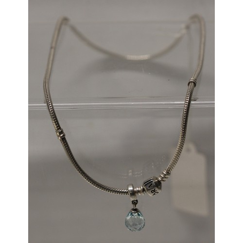 168 - PANDORA MOMENTS SNAKE NECKLACE WITH PANDORA ICE BLUE FACETED MURANO GLASS CHARM - TOTAL RRP £150 ( P... 