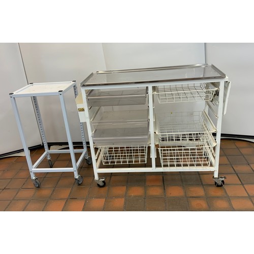 42 - 2 X METAL TROLLEYS (1 WITH STORAGE DRAWERS)