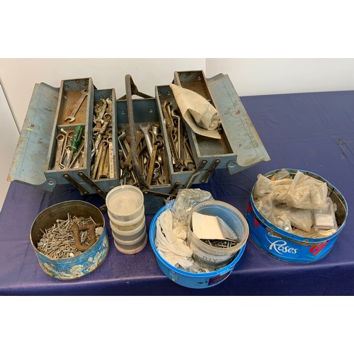 3 - TOOL BOX WITH TOOLS, TINS OF NAILS & SCREWS ETC