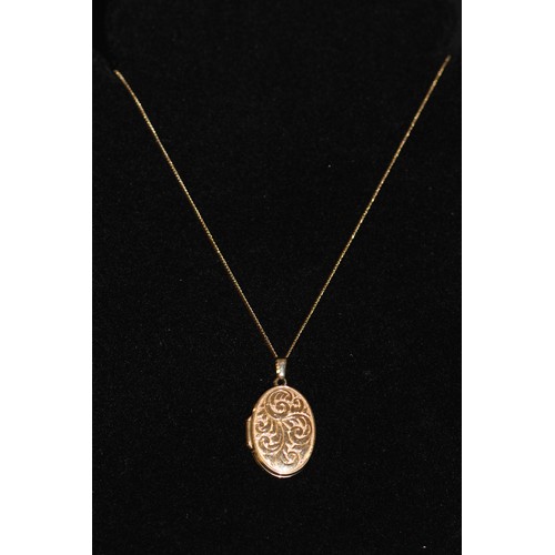 203 - 375 (9K) GOLD NECKLACE (A/F) & OVAL PATTERNED LOCKET - 3.60G ( P23101347 / C )