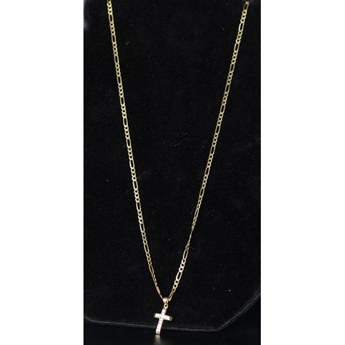 226 - 9CT GOLD FLAT CURB THREE TO ONE FIGARO NECKLACE WITH 9CT GOLD & CUBIZ ZIRCONIA CROSS PENDANT - T... 