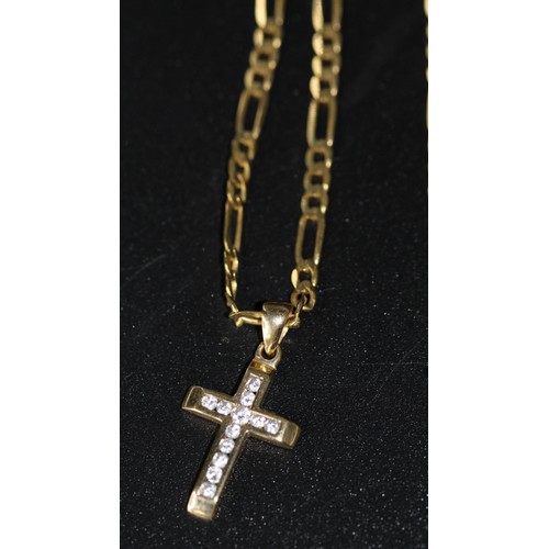 226 - 9CT GOLD FLAT CURB THREE TO ONE FIGARO NECKLACE WITH 9CT GOLD & CUBIZ ZIRCONIA CROSS PENDANT - T... 