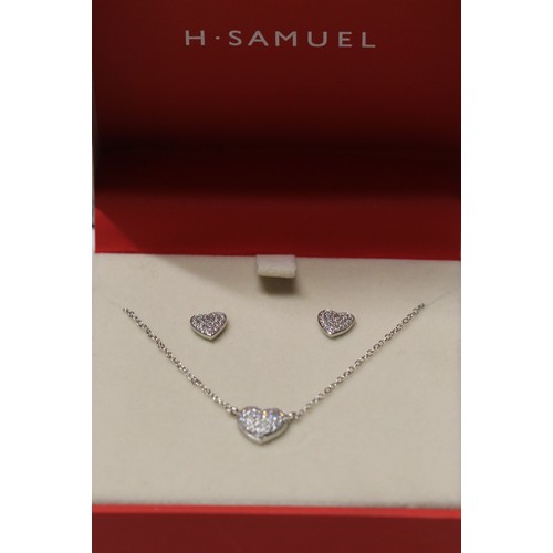 163 - NEW - H SAMUAL STERLING SILVER CUBIC ZIRCONIA PAVE HEART PENDANT & EARING SET IN BOX RRP £59.99 ... 