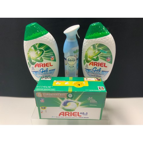 58 - ARIEL ALL IN 1 PODS 33 WASHES, 2 X ARIEL GEL 24 WASHES & FABREZE COTTON FRESH AIR MIST TOTAL RRP... 