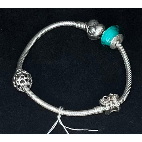 217 - PANDORA BRACELET 3 CHARM INCL TURQUOISE BEAD HEART CLASP RRP APPROX £140-£185(P20223830/F)