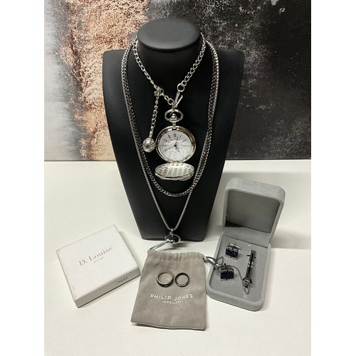 206 - PHILP JONES POCKET WATCH RRP £19, BAGTU STARY SKY CUFF LINKS & TIE CLIP RRO £24,2 X NEW NECKLACE... 