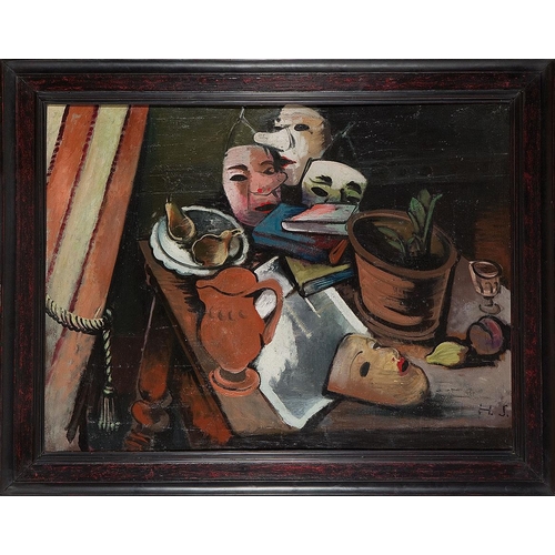 113 - HANS SPIEGEL*   (Münnerstadt 1894 - 1966 Stuttgart)  Still Life with Masks  oil/wood, 92 x 122 cm  m... 