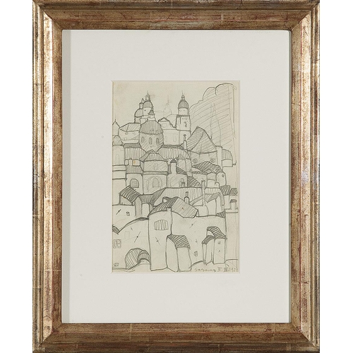 212 - HERBERT GURSCHNER*   (Innsbruck 1901 - 1975 London)  View of Salzburg  pencil/paper, 26,2 x 18,5 cm ... 