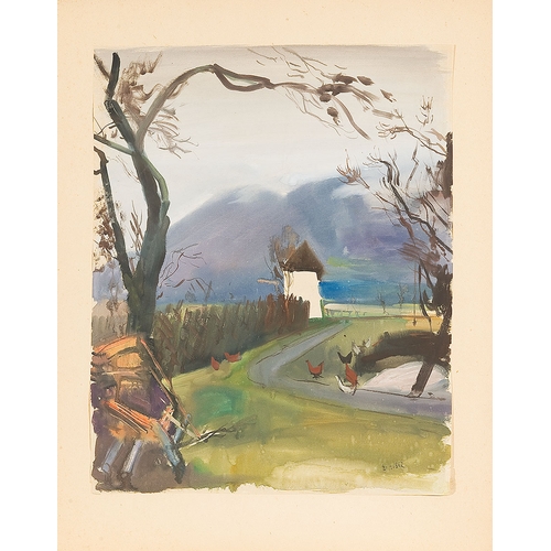 177 - ERNST HUBER* (Vienna 1895 - 1960 Vienna)Landscape with chickenmixed media/paper, 55 x 43 cmsigned E.... 