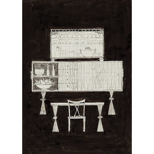 44 - JOSEF HOFFMANN* (Pirnitz 1870 - 1956 Vienna)Design of dining room furniturepencil, indian ink/paper,... 