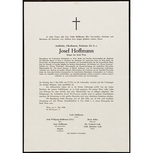 56 - Obituary Josef Hoffmannoffset printing/paper, 29.8 x 21 cmprovenance: Carla Hoffmann, private collec... 