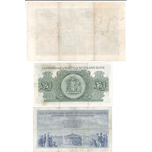 100 - Banknotes; Scotland; Three £20 notes – Bank of Scotland 25 March 1958 (F but hole to left), Clydesda... 