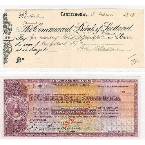 134 - Banknotes; Scotland; Traveller's Cheques; Bank of Scotland £2 (pencil notes on reverse) and £5, and ... 