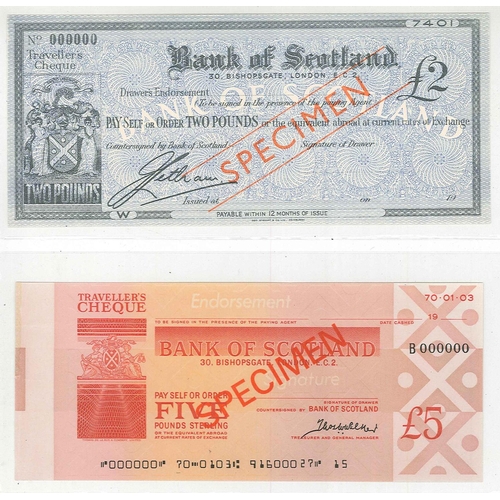 134 - Banknotes; Scotland; Traveller's Cheques; Bank of Scotland £2 (pencil notes on reverse) and £5, and ... 