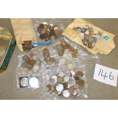 146 - Coins; Loose accum. in tin of UK and foreign, with USA silver dollars (2), currency, various silver ... 