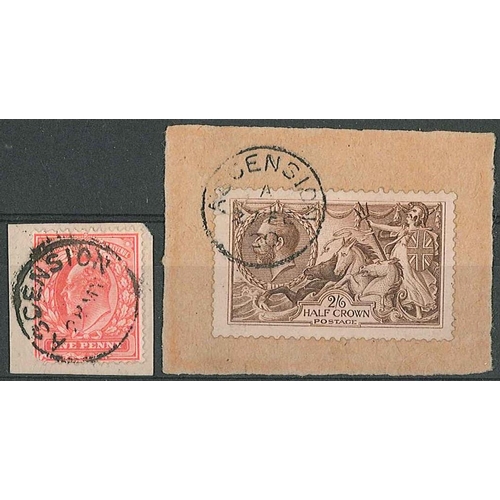 192 - Ascension; UK KE7 1d stamp on small piece with Ascension c.d.s. (date unclear), and another piece wi... 