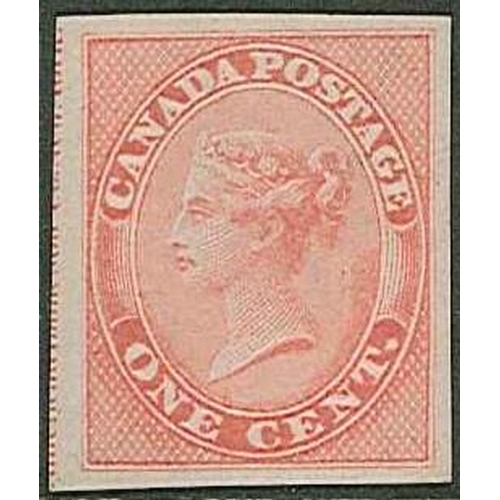 215 - Canada; 1859 1c rose imperforate single unused (no gum) with four good margins, the left margin exte... 