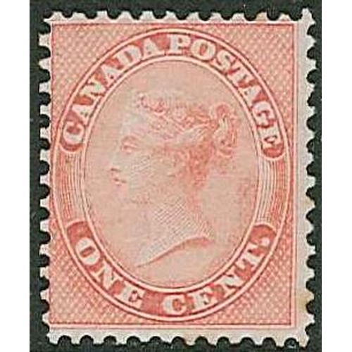 216 - Canada; 1859 1c rose fine and fresh mint with full gum, mounted, centred high to left, tone spots on... 