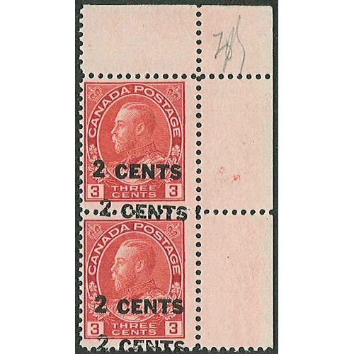 233 - Canada; 1926 2c surcharge (in one line) on 3c vertical upper-right corner pair with surcharge double... 