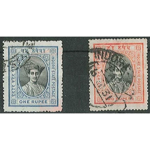 364 - Indian States; Indore; 1927-37 1r g.u. (slight pink staining, SG 30 cat.£19), and 2r sound used (sma... 