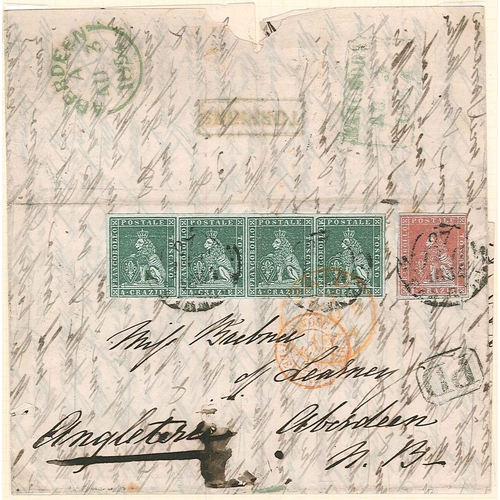 370 - Italian States; Tuscany; 1854 entire to Aberdeenshire franked with 1851-52 1c (almost 4 margins) and... 