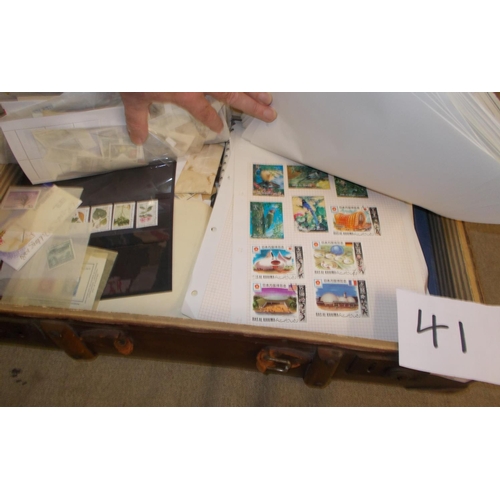 41 - Collections and Mixed Lots; Small cabin trunk (broken handle) filled with pages, loose stamps, cover... 