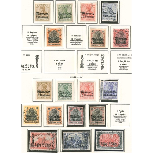 339 - German Colonies and Post Offices Abroad; Morocco; 1899-18 m. & u. on three old printed pages, useful... 