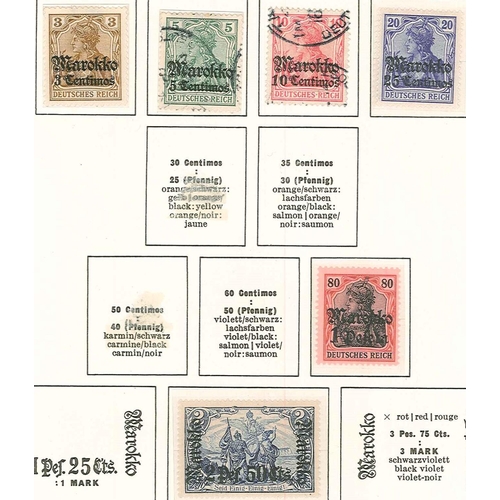 339 - German Colonies and Post Offices Abroad; Morocco; 1899-18 m. & u. on three old printed pages, useful... 