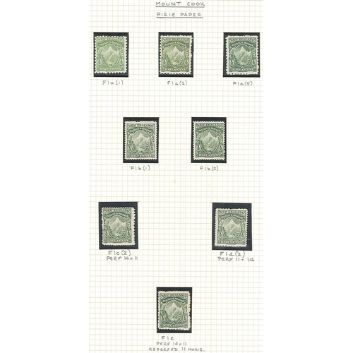 416 - New Zealand; 1900-8 small specialised collection of the ½d green Mount Cook stamps on five pages, al... 