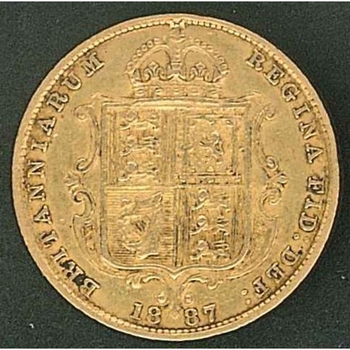 162 - Coins; United Kingdom; Gold Coins; 1887 shield half-sovereign with Jubilee head, VF.