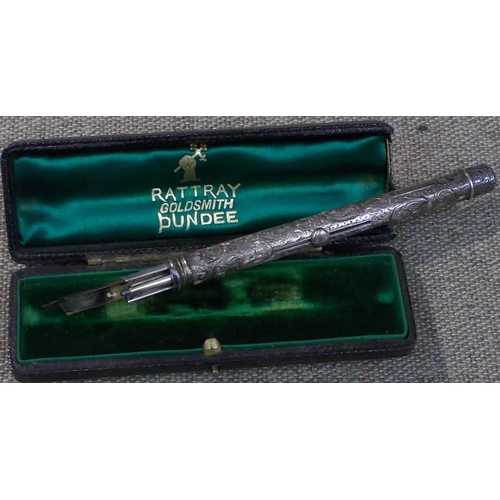 178 - Sterling silver propelling pen (nib) and pencil marked S. Mordan & Co., 1893 London hallmark, in ori... 