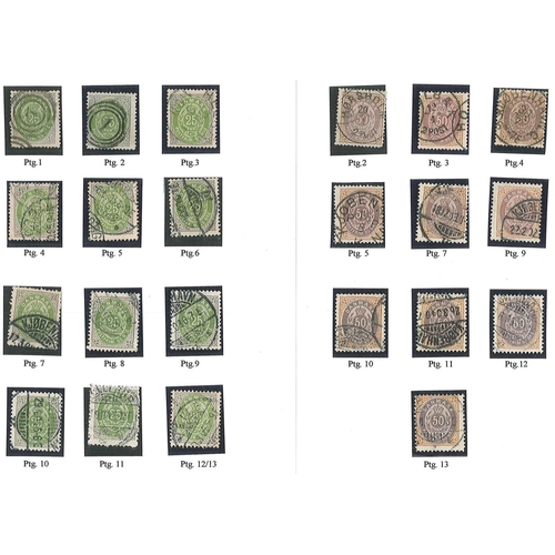 289 - Denmark; 1870-1903 small used study of the Bicoloured issues, showing frame types, shades and printi... 