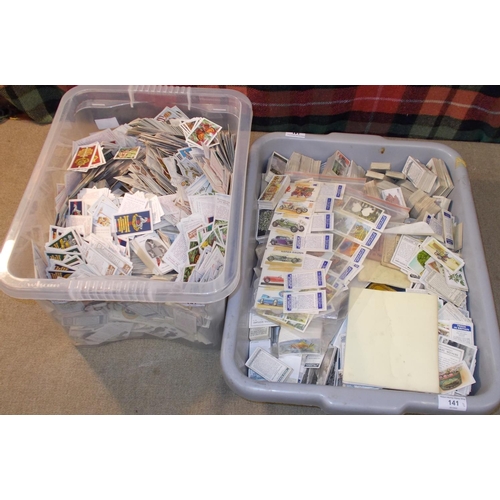 141 - Cigarette and Trade Cards; two plastic tubs with thousands of cards, mainly loose, some bundled (set... 