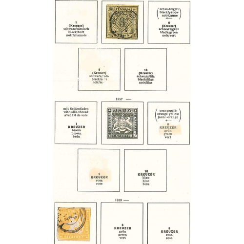 317 - German States; Württemberg; 1851-1923 m. & u. colln. on old pages, with some earlier pages picked (t... 