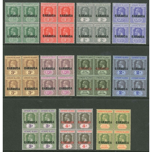 188 - Antigua; Barbuda; 1922 set (11) in attractive mint fourblocks. Lower values generally have 2 l.m.m./... 