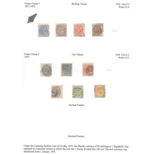 289 - Denmark; 1870-1903 small used study of the Bicoloured issues, showing frame types, shades and printi... 