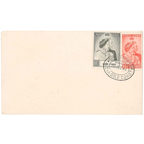 221 - Gold Coast; 1948 S.Wedding set (2) used on plain cover with first day cancel, Accra, stamps slightly... 