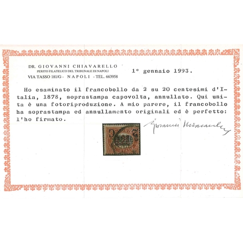 247 - Italy; 1878 2c surcharge on Official 20c, with the surcharge inverted, good used, centred to lower-r... 