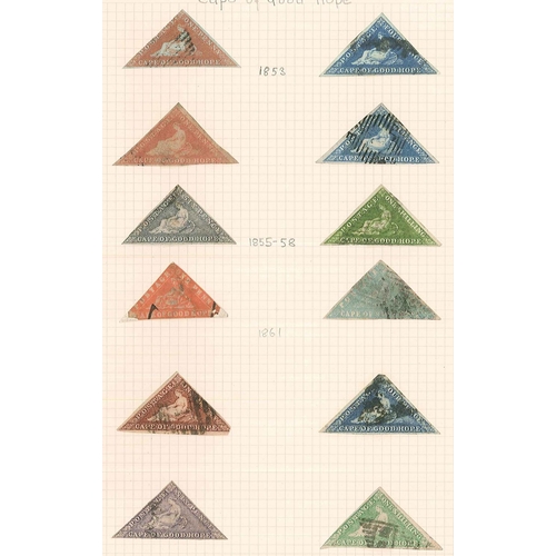 288 - South Africa; Cape of Good Hope; mainly used range on four pages with a dozen triangulars (3 x 1d, 3... 