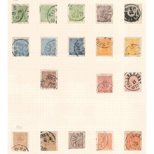 296 - Sweden; 1858-1936 mainly used on pages, with 1858-72 Arms set (6), 1872-79 values to 1r in both perf... 