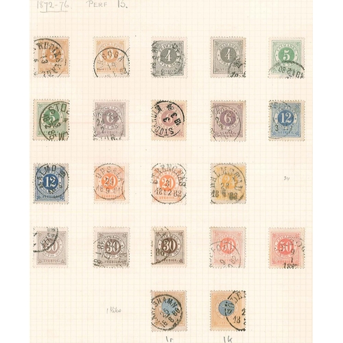 296 - Sweden; 1858-1936 mainly used on pages, with 1858-72 Arms set (6), 1872-79 values to 1r in both perf... 