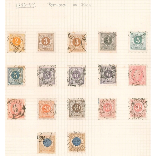 296 - Sweden; 1858-1936 mainly used on pages, with 1858-72 Arms set (6), 1872-79 values to 1r in both perf... 