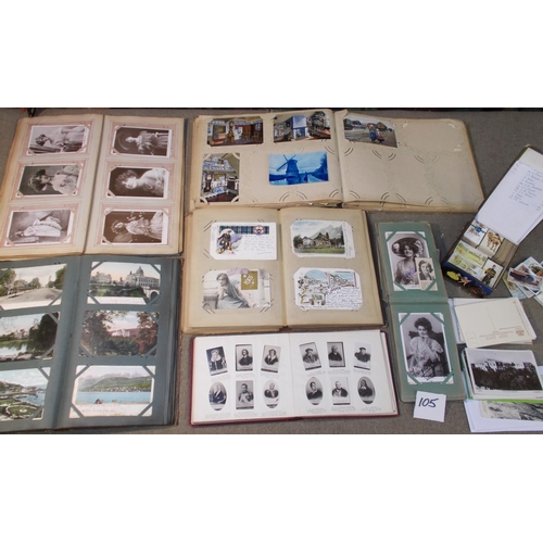 105 - Postcards; five old albums - {1} 120+ UK topographical and some subjects, {2} 150+ of Marie Studholm... 