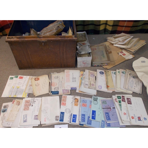 9 - Collections and Mixed Lots; old metal trunk with mainly older stamps in envelopes and on some old pa... 