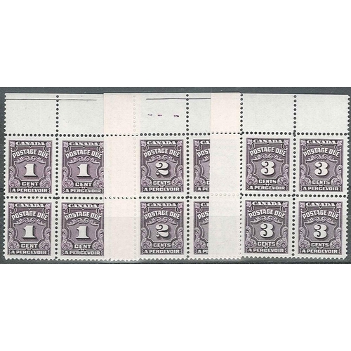 219 - Canada; Postage Dues; 1935-65 1c, 2c, and 3c each in u.m. fourblock (corner marginal, mounted on mar... 