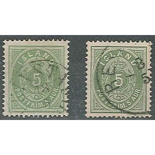 413 - Iceland; 1882-95 5a dull green and light green, both fine used. SG 21a cat.£17, 21b cat.£13.