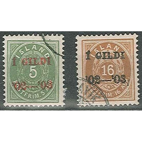 416 - Iceland; 1902-3 Í GILDI perf.12½ 5a and 16a f.u., SG 69 cat.£10, and SG 74 cat.£39.